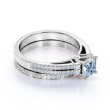 1.50 Carat princess cut Aquamarine and Diamond Halo Wedding Set in White Gold