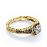 Double Prong Cluster - 1.4 TCW Round Moissanite with Lab Created Black Diamond - Filigree Pave Channel Engagement Ring in Rose Gold