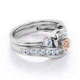 Twisted Tension - Prong 1 TCW Round Brilliant Cut Morganite and Moissanite - Flush Channel Wedding Set in White Gold