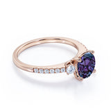 Classic Simple Three Stone 1.50 Carat Round Cut Lab Created Alexandrite and Diamond Half Eternity Pave Engagement Ring in Rose Gold for Women