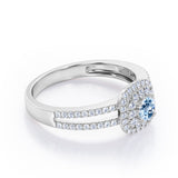 Double Halo 1.55 Carat Round Cut Aquamarine And Diamond Split Shank Engagement Ring In White Gold