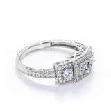 Vintage Milgrain 0.75 Carat Princess Cut Diamond Trilogy Halo Engagement Ring In White Gold