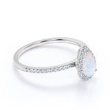 1.50 ct Vintage Pear Shaped Opal and Moissanite Halo Wedding Ring in 18K White Gold over Silver