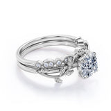 Floral 1.25 Carat Cushion Cut Moissanite Vintage Bridal Set