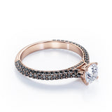 Cathedral Micro-Pave 1.6 TCW Round Shape Moissanite with Lab Created Black Diamond Filigree Wedding Ring Set in White Gold