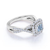 Three Stone 1.50 ct Princess Aquamarine Halo Engagement Ring