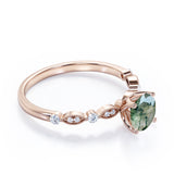 Art Deco 1 Carat Round Moss Agate and Moissanite Scalloped Engagement Ring in White Gold