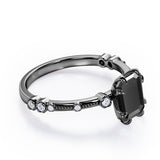 Sharp Eight Claws 1.10 Carat Emerald Cut Black Diamond Beaded Engagement Ring In White Gold