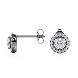 Half Bezel Set 1.10 Carat Round Certified Moissanite and Diamond Under Halo Modern Stud Earrings in White Gold