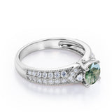 Antique 4 Prong 1.50 Carat Round Cut Green Moss Agate And Diamond Vintage Milgrain Layered Engagement Ring In Black Gold