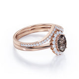Modern Intricate Snowflake Cluster 1.50 Carat Oval Cut Solid Dendritic Black Brown Rutilated Quartz and Diamond Pave Curved Band Wedding Ring Sets for Her