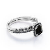 Pave-Accented Halo 1.6 TCW Cushion Cut Lab Created Black Diamond Milgrain Filigree Wedding Ring Set in White Gold