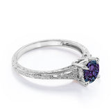 Flower Design 1 Carat Round Cut Lab Created Alexandrite Antique Milgrain Art Deco Engagement Ring In White Gold For Her
