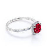 Classic Pave 1.50 Carat Cushion Cut Lab Ruby and Diamond Halo Engagement Ring in White Gold