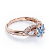 Vintage Eight Prongs 1.30 Carat Princess Cut Aquamarine And Diamond Marquise Framed Beaded Engagement Ring In White Gold