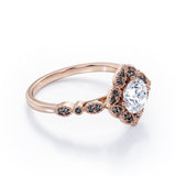 Milgrain Flower Cluster 1.5 TCW Round Brilliant Cut Moissanite with Lab Created Black Diamond Filigree Engagement Ring in White Gold