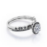 Art Deco Pave Setting - 1.65 TCW Round Cut Moissanite with Lab Created Black Diamond - Halo Design Bridal Set in Yellow Gold