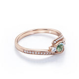 Bypass Three Stone 1.75 Carat Round Cut Milky White Scenic Moss Green Agate and Diamond Channel Set Engagement Ring for Women