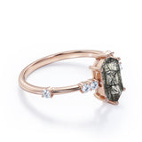 Asymmetric Six Prong 1.10 Carat Hexagon Cut Natural Black Rutilated Quartz And Diamond Seven Stone Engagement Ring In Black Gold