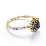 Antique Flower Cluster 1.50 Carat Cushion Cut Lab Created Blue Alexandrite and Diamond Halo Pave Engagement Ring in White Gold for Her