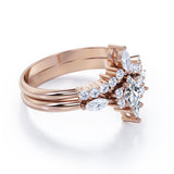 Elegant Fancy Cut Gems 0.7 carat Kite Moissanite and Diamond Wedding Ring Set in Rose Gold