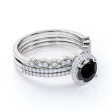 Affordable Antique Artdeco 2 Carat Round Lab Black Diamond Halo Wedding Trio Ring Set in White Gold