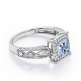Designer Beaded 1.35 Carat Princess Cut Aquamarine And Diamond Halo Engagement Ring In White Gold