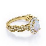 Milgrain Leaf 0.9 carat Oval Opal and Diamonds Nature-Inspired Engagement Ring in White Gold