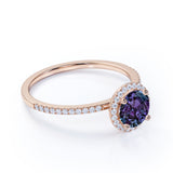 Minimalist Halo 1.50 Carat Round Cut Simulated Alexandrite and Diamond Pave Engagement Ring