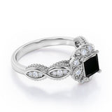 Twisted Beaded 1.15 Carat Princess Cut Black Diamond Infinity Style Engagement Ring In White Gold