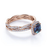 2 Ct Cushion Cut Lab Alexandrite Halo Bridal Set