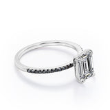 Four Prong - 1.25 TCW Emerald Cut Moissanite with Lab Created Black Diamond - Engagement Ring with Pave Accents in White Gold