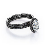 Four-Prong Halo 1.75 TCW Oval-Shaped Moissanite with Lab Created Black Diamond Pave Twisted Eternity Bridal Set in White Gold