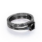 Three-Stone Prong 1.35 TCW Round Cut Lab Created Black Diamond Lattice Bridal Ring Set in White Gold