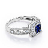 Designer Beaded 1.35 Carat Princess Cut Sapphire And Diamond Halo Engagement Ring In Rose Gold