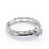 Edwardian Style - 1.25 TCW Round Cut Moissanite with Lab Created Black Diamond - Milgrain Bordered Engagement Ring in White Gold