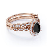 Beautiful 1.75 Carat Pear cut Lab Black Diamond Halo Wedding Ring Set in Rose Gold