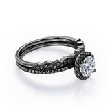 Art Deco Pave Setting - 1.65 TCW Round Cut Moissanite with Lab Created Black Diamond - Halo Design Bridal Set in Yellow Gold