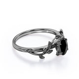 1 ct Oval Lab Black Diamond Leaf Style Engagement Ring