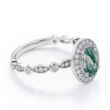 Vintage Halo 1.35 Carat Oval Cut Green Moss Agate And Diamond Art Deco Engagement Ring In Rose Gold