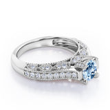 Beaded Four Prongs 1.40 Carat Round Cut Aquamarine And Diamond Vintage Art Deco Engagement Ring In Rose Gold