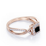 1.25 Carat Princess Cut Black Diamond - Half Crossover Pave - Halo Engagement Ring in White Gold