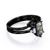 Floral 1.15 ct Hexagon Black Rutilated Quartz Five Stone Bridal Set