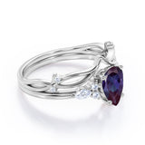 1.40 Ct Tear Drop Lab Alexandrite V Shaped Bridal Set