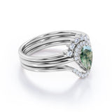 Crown Bezel Set 1 Carat Teardrop Shape Genuine Druzy Moss Green Agate and Matching Diamond Pave Band Trio Ring Sets