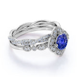 Art Deco Milgrain 2.25 Carat Round Cut Sapphire and Diamond Halo Wedding Set with Infinity Band in White Gold