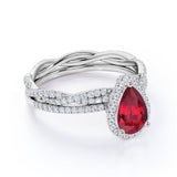 Classic Pave 2.25 Carat Pear Shape Lab Ruby and Diamond Halo Bridal Set with Infinity Band in White Gold