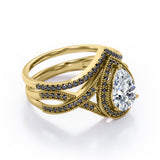 Milgrain Halo-Style 1.75 TCW Pear Cut Moissanite with Lab Created Black Diamond Pave Channel Wedding Ring Set in Black Gold