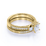 1.75 ct - Princess Cut Moissanite - Pave - Three Stone Ring - Victorian Style - Vintage Wedding Ring Set in 10K Yellow Gold