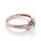 Curved Band - Six Prongs 0.5 carat Round Green Moss Agate and Moissanite Artistic Engagement Ring in Rose Gold
